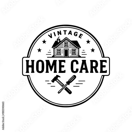 Classic vintage home care and property maintenance service logo, showcasing a charming house illustration with crossed hammer and screwdriver, ideal for repair businesses
