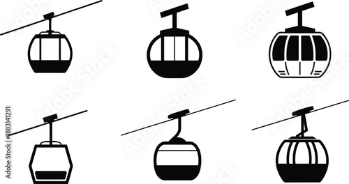Set of 6 gondola lift cabin icons in varied styles, ideal for transport, tourism, ski resort, and engineering themes.
