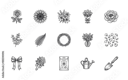Vintage Engraving Botanical and Gardening Graphic Element Kit for Floristry and Horticulture Branding