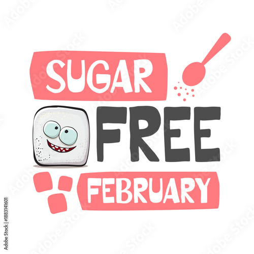 Sugar Free February vector illustration with a funny cartoon sugar cube character, creative healthy lifestyle banner for awareness month, diet promotion, and nutrition challenge.