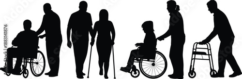 Set of 6 silhouette icons showing diverse mobility aids and disabilities, ideal for accessibility, healthcare, and inclusive design themes.