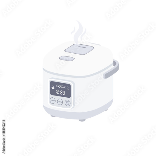 A clean vector illustration of a modern electric rice cooker with a digital control panel. The appliance features a minimalist white design, a top steam vent releasing heat, and a clear display showin