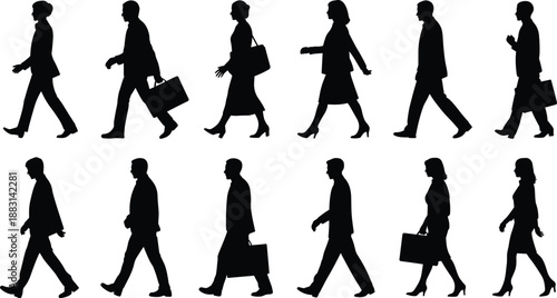 Set of 12 walking silhouette icons featuring diverse men and women with bags, ideal for urban and lifestyle design themes.
