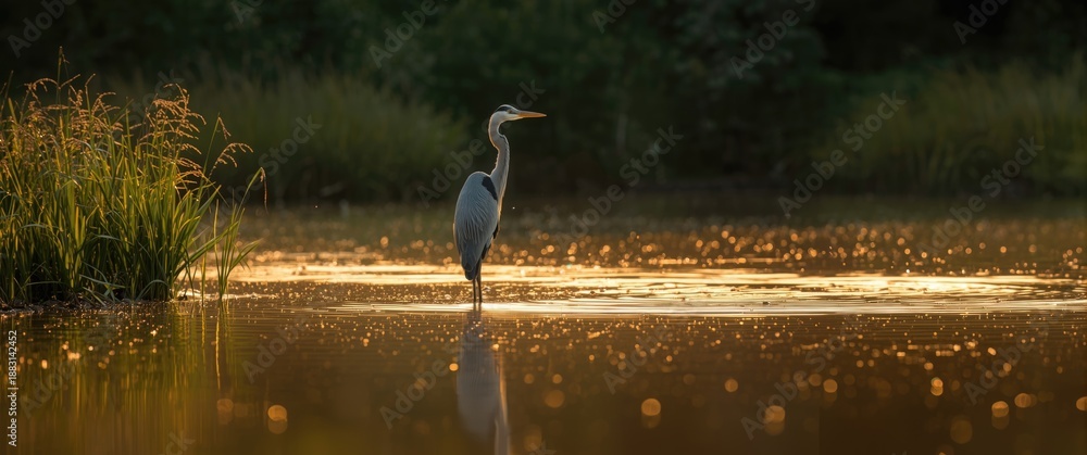 Fototapeta premium Sunlit Platte River scene featuring herons and insects