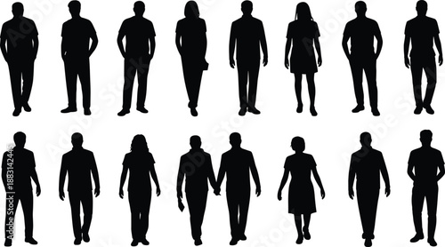 Set of 16 human silhouette icons showing individuals and couples in varied poses, ideal for lifestyle and social design themes.