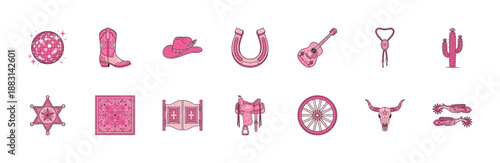 Pink Vector Line Art Disco Cowgirl and Western Graphic Asset Kit for Nashville Bachelorette Party
