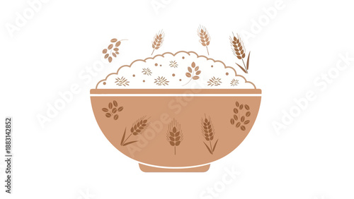 Minimalistic Oatmeal Bowl With Wheat Sprigs And Other Natural Grains in Beige Tones