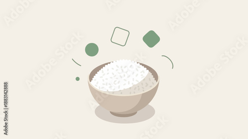 Minimalistic Rice Bowl Illustration with Decorative Shapes on a Neutral Background
