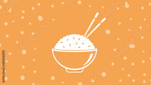 Minimalistic Rice Bowl Illustration with Chopsticks Against a Textured Orange Backdrop