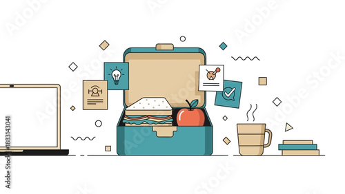 Minimalistic Workday Lunch Break Illustration with Laptop and Refreshments for Creativity