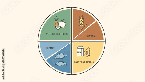 Nutrition Diagram Illustrating Food Groups And Essential Dietary Components For Healthy Eating