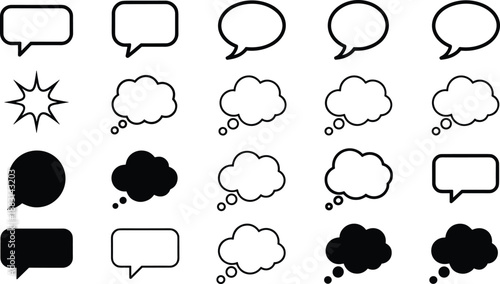 Set of black and white comic speech and thought bubbles with starburst shapes, isolated dialogue, chat and message icons for comics and graphic design