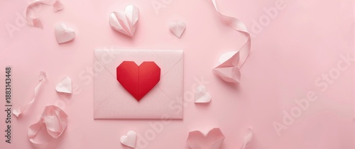Valentine's day concept featuring red heart paper origami in pink envelope background, with colour filter overlay