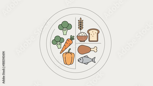 Nutrition Plate Graphic Detailing Balanced Meal With Vegetables, Grains, and Proteins