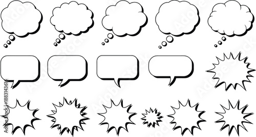 Set of black and white comic speech bubbles, thought clouds and starburst shapes with shadow effects, isolated dialogue and message icons for comics and graphic design