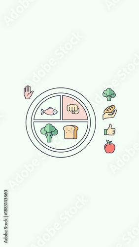 Nutrition Plate Illustration Depicting Healthy Food Choices and Balanced Dietary Guidelines