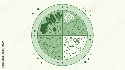 Nutrition Plate Illustration Showcasing Healthy Food Groups For Balanced Diet