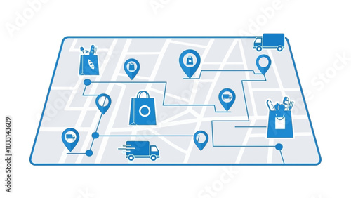 Modern Grocery Delivery Illustration Depicting Shopping and Rapid Transportation on a Map