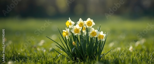 Vibrant yellow wild daffodil bulbs (narcissus pseudonarcissus) flowering. Trumpet narcissus