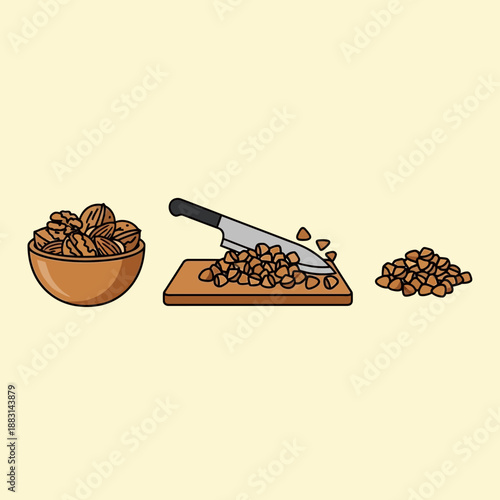 Nuts Preparation: Chopping Process Illustrated, From Bowl To Chopped Pieces On Cutting Board