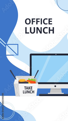 Office Lunchtime Delight: Takeaway Meal Beside Modern Computer Screen, Work Break