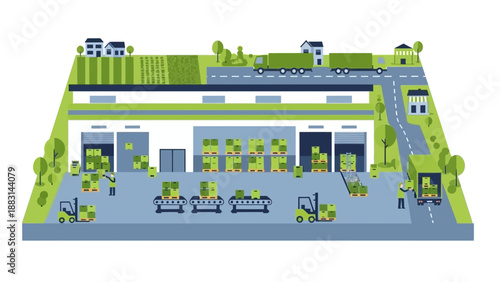 Modern Warehouse Scene Depicting Logistics, Transportation, And Packaging Operations