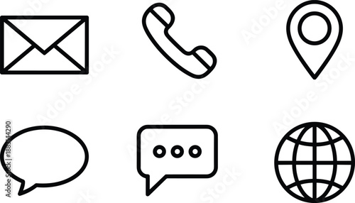 Set of black outline communication icons including email, phone, location, chat bubble and globe symbols for contact pages, web interfaces, apps and UI design