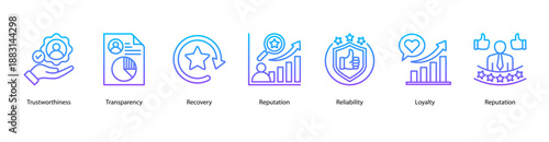 Trust and Transparency web banner icon vector illustration featuring Trustworthiness, Transparency, Recovery, Reputation, Reliability, Loyalty, and Reputation.