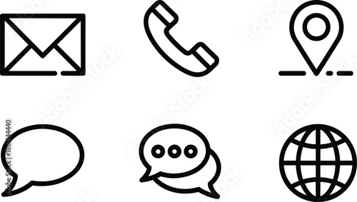 Set of black outline communication icons including email, phone, location pin, chat bubbles and globe symbols for contact pages, web interfaces, apps and UI design