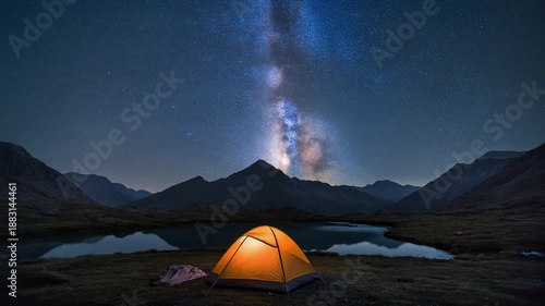 Wallpaper Mural Illuminated Tent Under the Milky Way Galaxy in a Mountainous Landscape camping night Torontodigital.ca