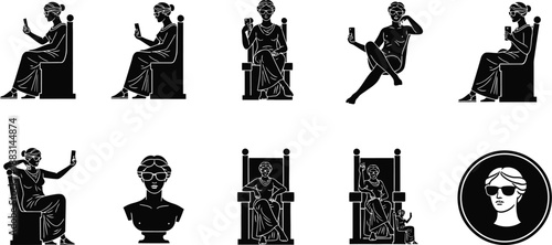 Ancient Greek style bust statues in modern poses, chatting, browsing, messaging, sitting, taking selfies, listening to music or using smartphones. 