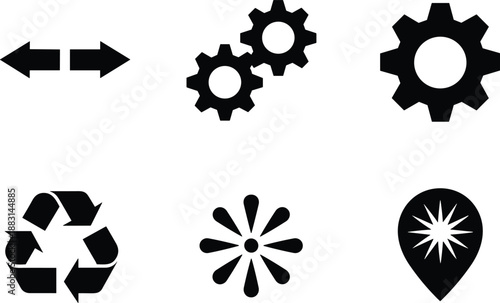 Set of black solid interface icons including arrows, gears, recycle symbol, loading spinner and location pin, isolated UI elements for web, apps and graphic design