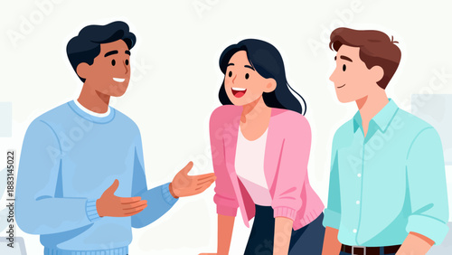 Three people are smiling and talking to each other. The man is wearing a blue sweater and the woman is wearing a pink shirt. The man is on the left and the woman is in the middle