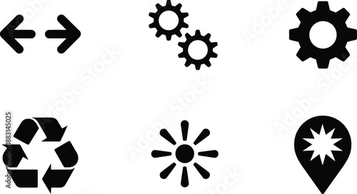 Set of black solid interface icons including arrows, gears, recycle symbol, loading spinner and location pin, isolated UI elements for web, apps and graphic design