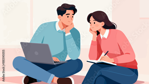 A man and a woman are sitting on the floor, looking at a laptop. The man is typing on the laptop while the woman is writing in a notebook. Concept of collaboration and productivity