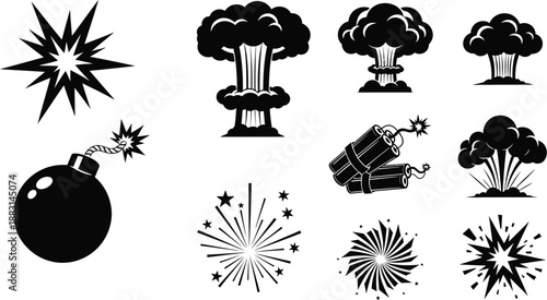 Aerial bombs explosions and explosive devices vector icons set. 