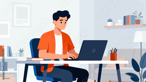 A man is sitting at a desk with a laptop in front of him. He is wearing an orange shirt and he is focused on his work. The room is decorated with books and potted plants, giving it a cozy