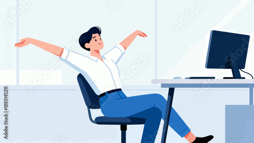 A man is sitting at a desk with a computer and a keyboard. He is stretching his arms and legs, and he is in a relaxed state