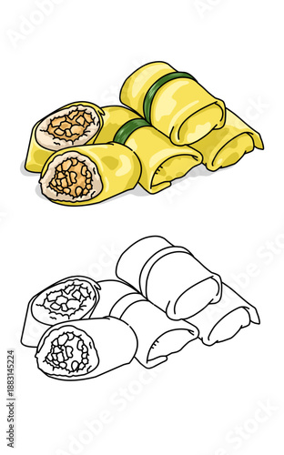 Semar mendem local food Indonesian dish. Sticky rice with Minced chicken wraped Spring roll skin 