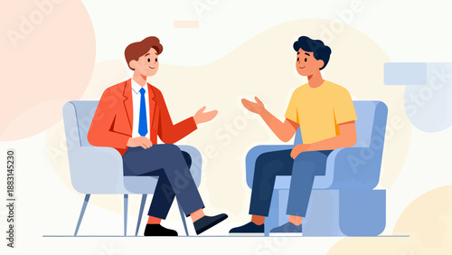 Two men are sitting in chairs and talking to each other. One man is wearing a suit and tie, while the other is wearing a yellow shirt. The scene is set in a room with a couch in the background