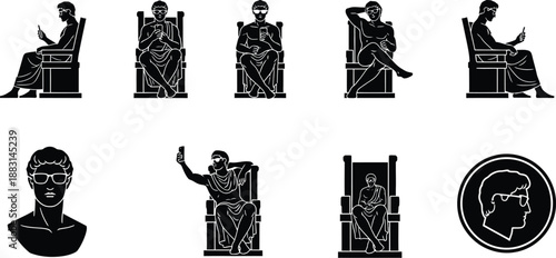 Ancient Greek style bust statues in modern poses, chatting, browsing, messaging, sitting, taking selfies, listening to music or using smartphones. 