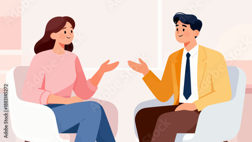 A man and a woman are sitting in chairs and talking. The man is wearing a tie. The woman is smiling