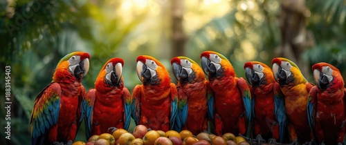Colorful Amazonian parrots in a group, featuring Ara macao and hybrid Scarlet Macaw and Great Green Macaw, feeding on fruit