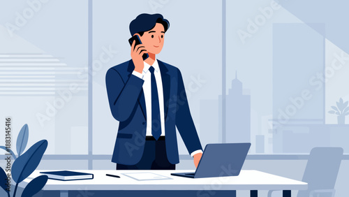 A man in a suit is talking on a cell phone while sitting at a desk. The scene is set in an office environment with a laptop and a book on the desk. The man is focused on his conversation