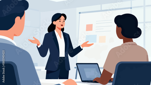 A woman is giving a presentation to a group of people. The presentation is on a large board in the background. The woman is wearing a suit and is smiling. The people in the room are sitting in chairs