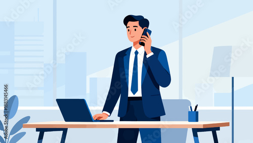 A man in a suit is talking on a cell phone while sitting at a desk. The scene is set in an office environment with a laptop on the desk. The man is focused on his conversation