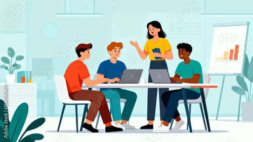 A group of people are sitting around a table with laptops and a woman is talking to them. Scene is collaborative and focused