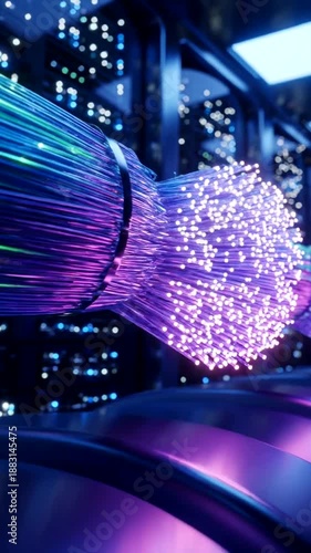 Fiber Optic Cables Transmitting Data in a Server Room with Blue and Pink Light.