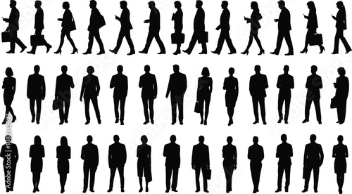 Set of business people silhouette figures in various walking and standing poses, black professional men and women characters carrying briefcases, isolated corporate workforce icons