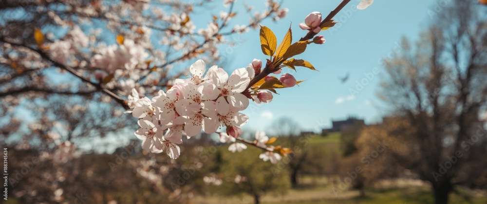 Fototapeta premium Gorgeous pink cherry blossoms swaying gently in the wind during sunny spring weather